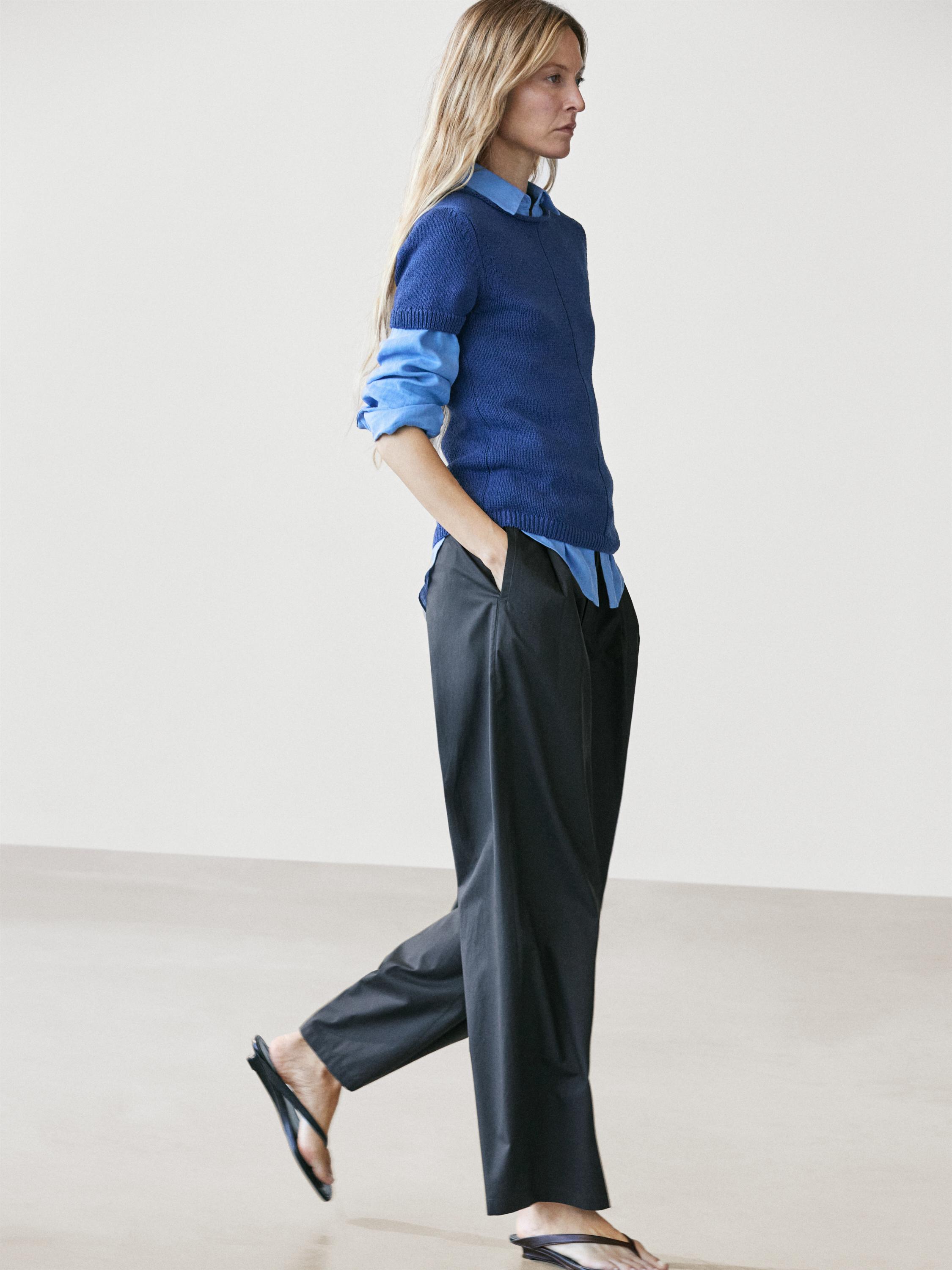 Darted cotton barrel fit trousers